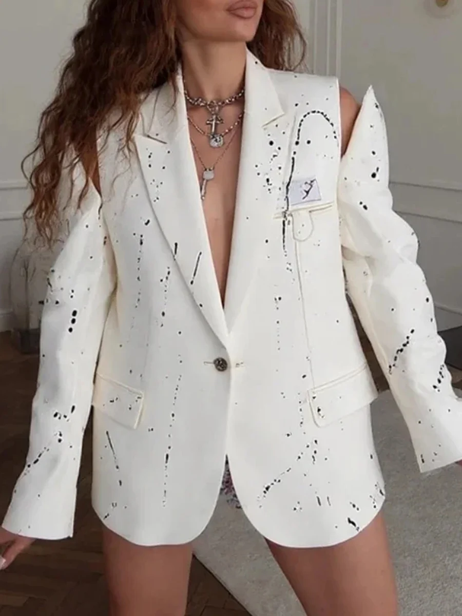 TWOTWINSTYLE Ink Splashing Print Fashion Blazer for Women Notched Collar Long Sleeve Hollow Out Design Loose Coat Female Autumn