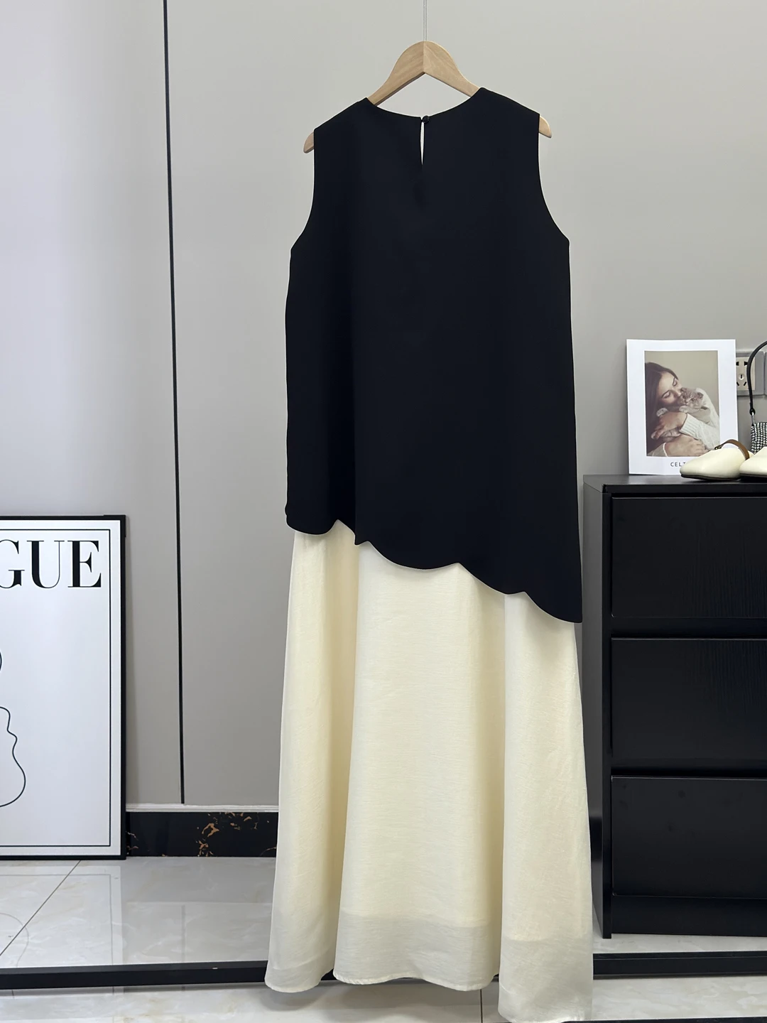 Ele Summer Long Dr Canotta ampia da donna Dr Tessuto di lino in acetato Falso gonna a trapezio a vita alta in due pezzi