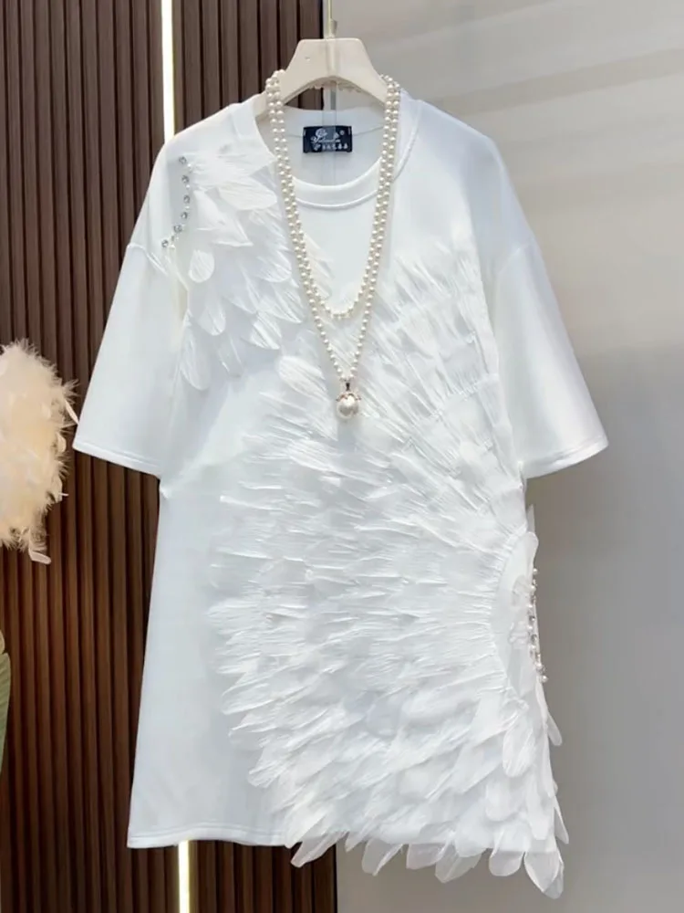 2025 summer new plus size women's clothing loose and slimming stylish and unique super good-looking short sleeved long top