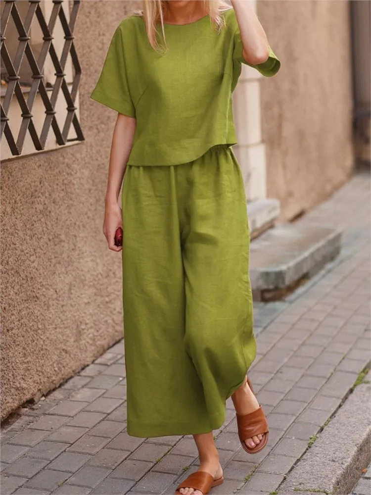 Summer Loose O-Neck Top Wide Leg Pants Two Piece New Elegant Pullover Pants Summer Suit Women Harajuku Style Cotton Linen Suit