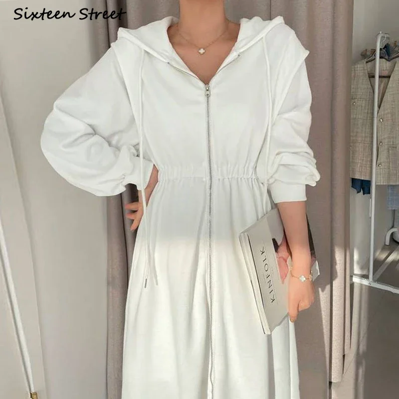 Chic Gray Hooded Dress Women Elastic Waist  Long Sleeve Vestido Dress Female Korean Fashion Zipper Maxi Clothing Streetwear