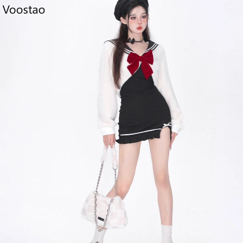 Autumn Winter Japanese JK Uniform Dress Set Girls Preppy Style Bow Sailor Collar Coat Party Mini Dresses Women Sweet 2 Piece Set