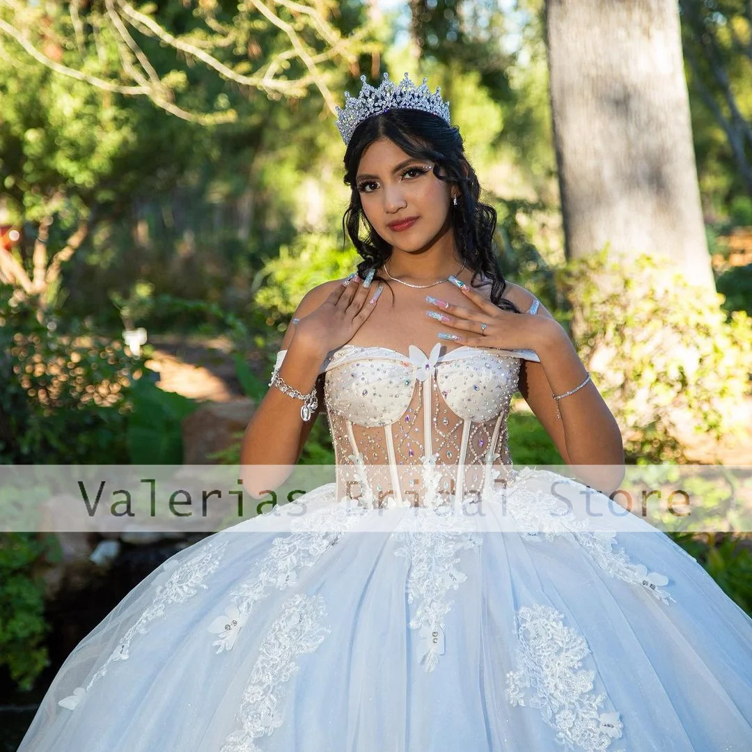 Vestido De Quinceañera De lujo, apliques De cuentas sin tirantes, ilusión De tren De barrido, Vestidos De baile De princesa, 15