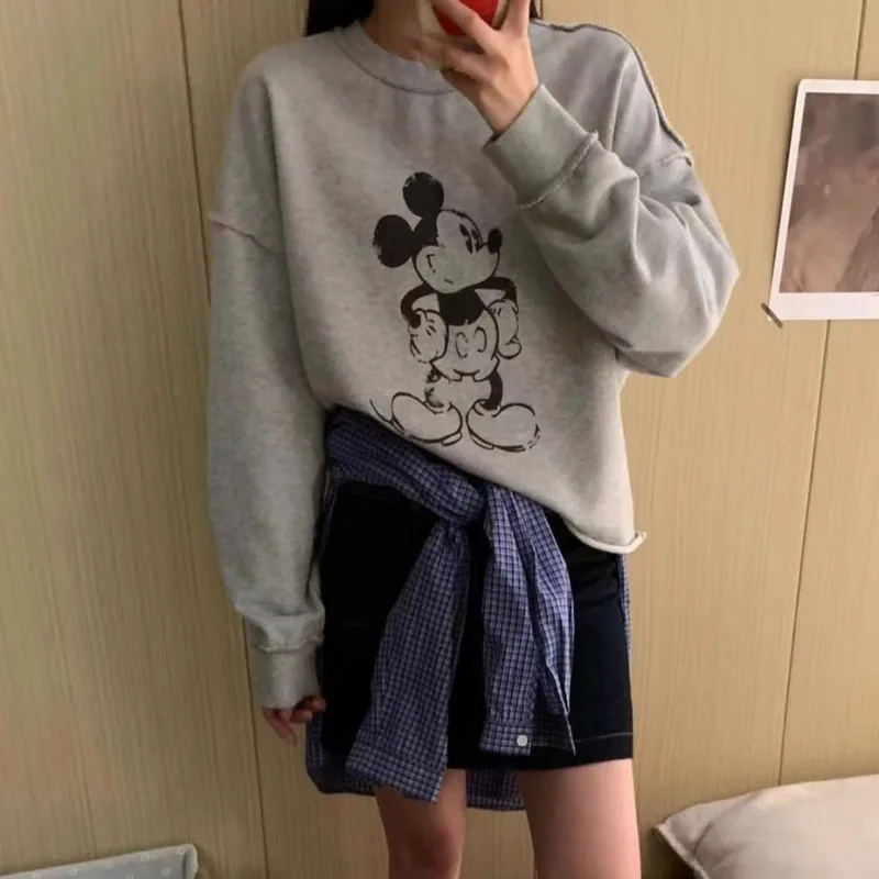 Disney Mickey New Rolled Edge Long Sleeved Round Neck Hoodie Cute Cartoon Print Loose Pullover Korean Version College Style Top