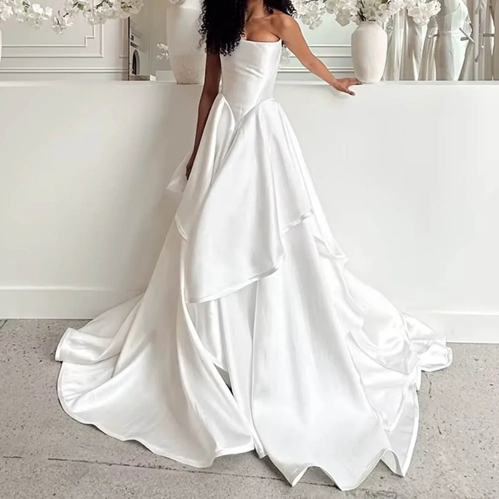 Customized Arrival  Wedding Dress For Woman Bride Strapless Boat Neckline Satin A-Line Lace-up Back Floor Length Bridal Gown