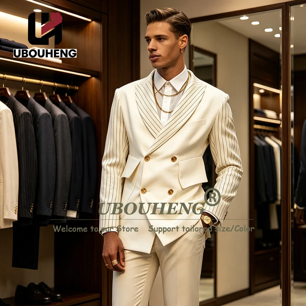 Male Fashion Suits Spliced Stripe Jacket Pants 2 Pieces Sets Groom Formal Party Tuxedos Customized Man Business Party Outfits