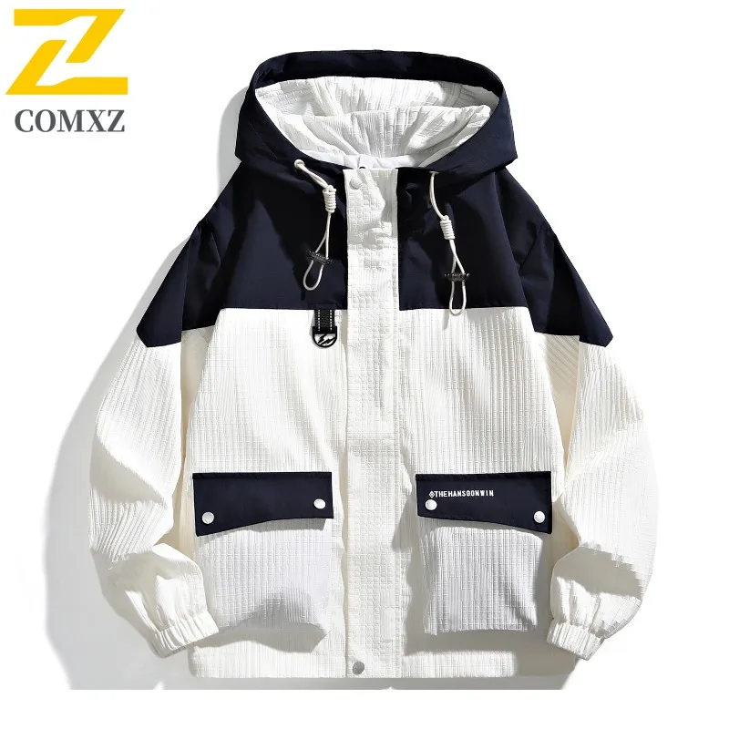 

COMXZ Premium Mens Jacket Spring Autumn Hooded Travel Windproof Breathable Coat Loose Hong Kong Style Durable Autumn Trendy Coat