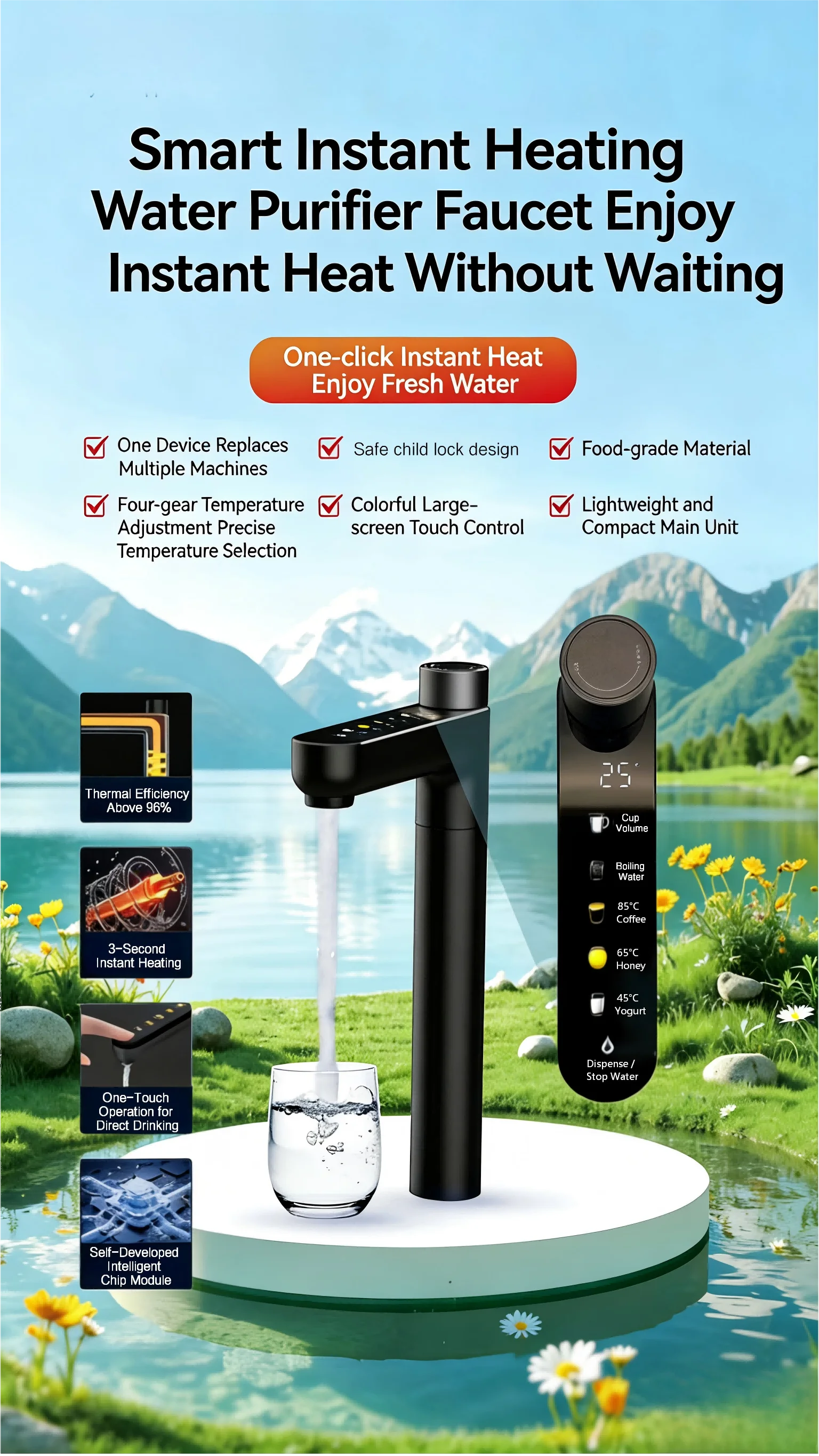 Tankless Safety Electric Water Heater Faucet Tap with Over-temperature Protection LED Touch Screen for Kitchen Bathroom Pro