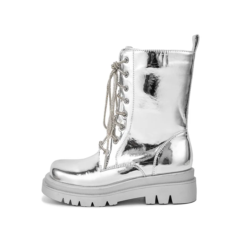 2026 Silver Belt Buckle Cross Strap Rhinestone Short Boots Casual Motorcycle Thick Sole Knight Boot Women Winter Silver Shoes