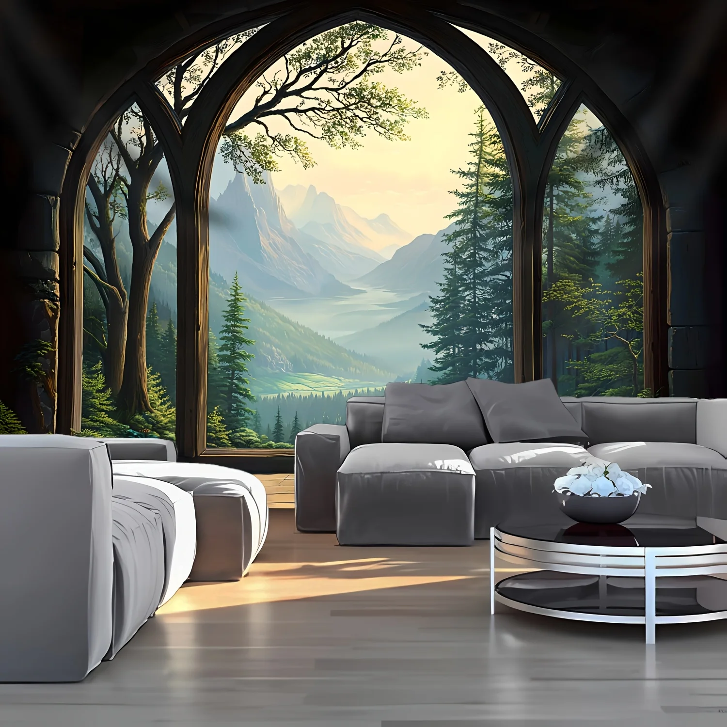 Enchanting Gothic Living Room with Majestic Arched Windows, Offering a Breathtaking View of Lush Forests and Snow-Capped
