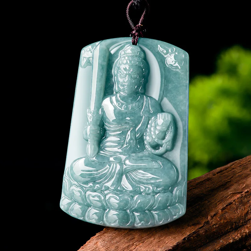 Natural A-grade jadeite immovable Ming Wang blue water jade pendant zodiac sign rooster guardian deity Buddha male and female