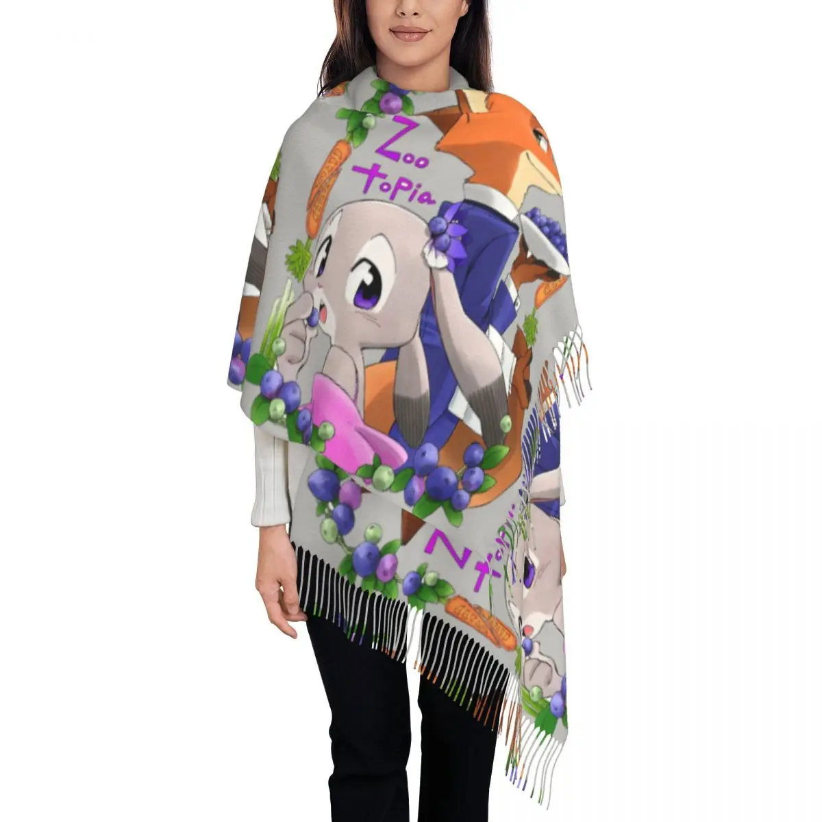 Custom Nick And Judy Comic Scarf Wrap Women Long Winter Fall Warm Tassel Shawl Unisex Character Scarves