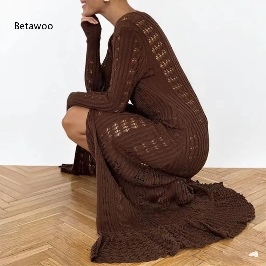 Women's Crochet Knit Long Sleeve Maxi Dress V-Neck Open Work See-Through Beach Cover Up Sweater Dress Casual Summer Outfit
