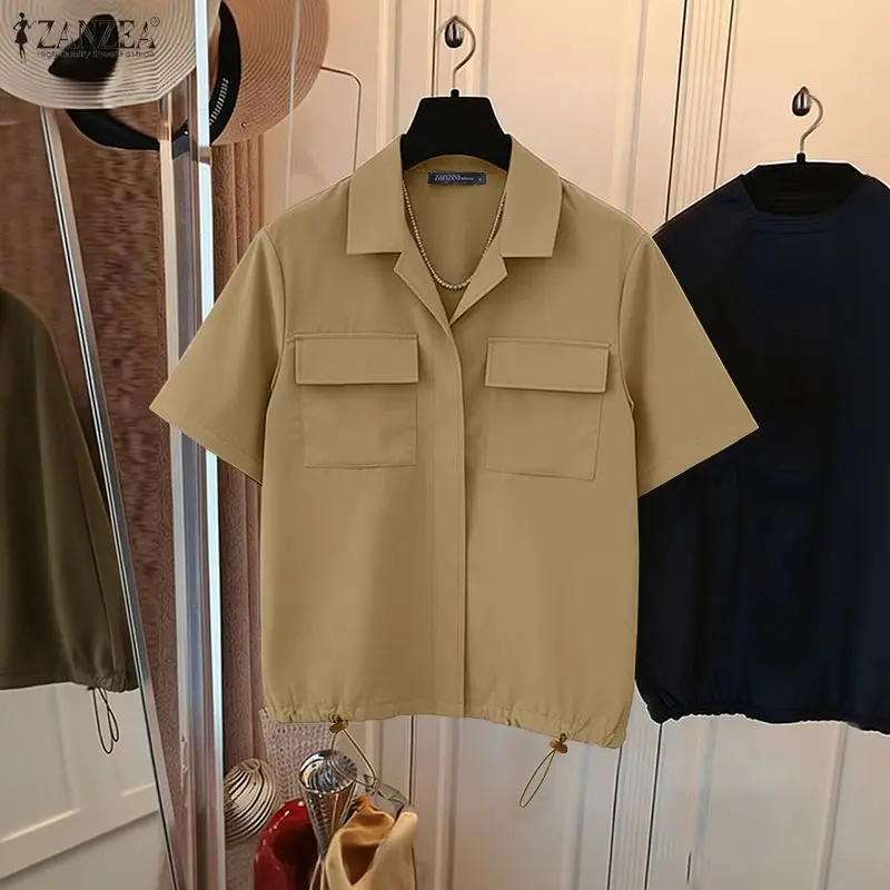 

ZANZEA Летняя женская блузка с коротким рукавом, воротником-стойкой, карманами и завязками по низу, однотонная, повседневная