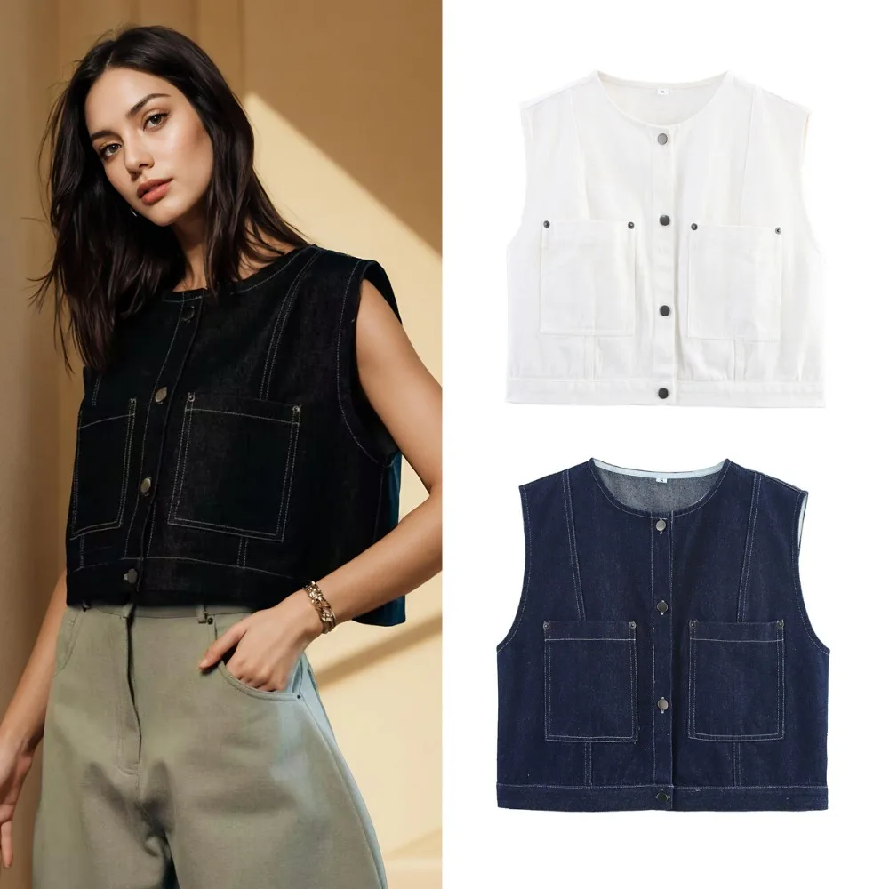 

Autumn Casual Denim Vest Jacket for Women Solid Single Breasted Sleeveless Cardigan Short Vest Coats Office Lady Outwear 2025