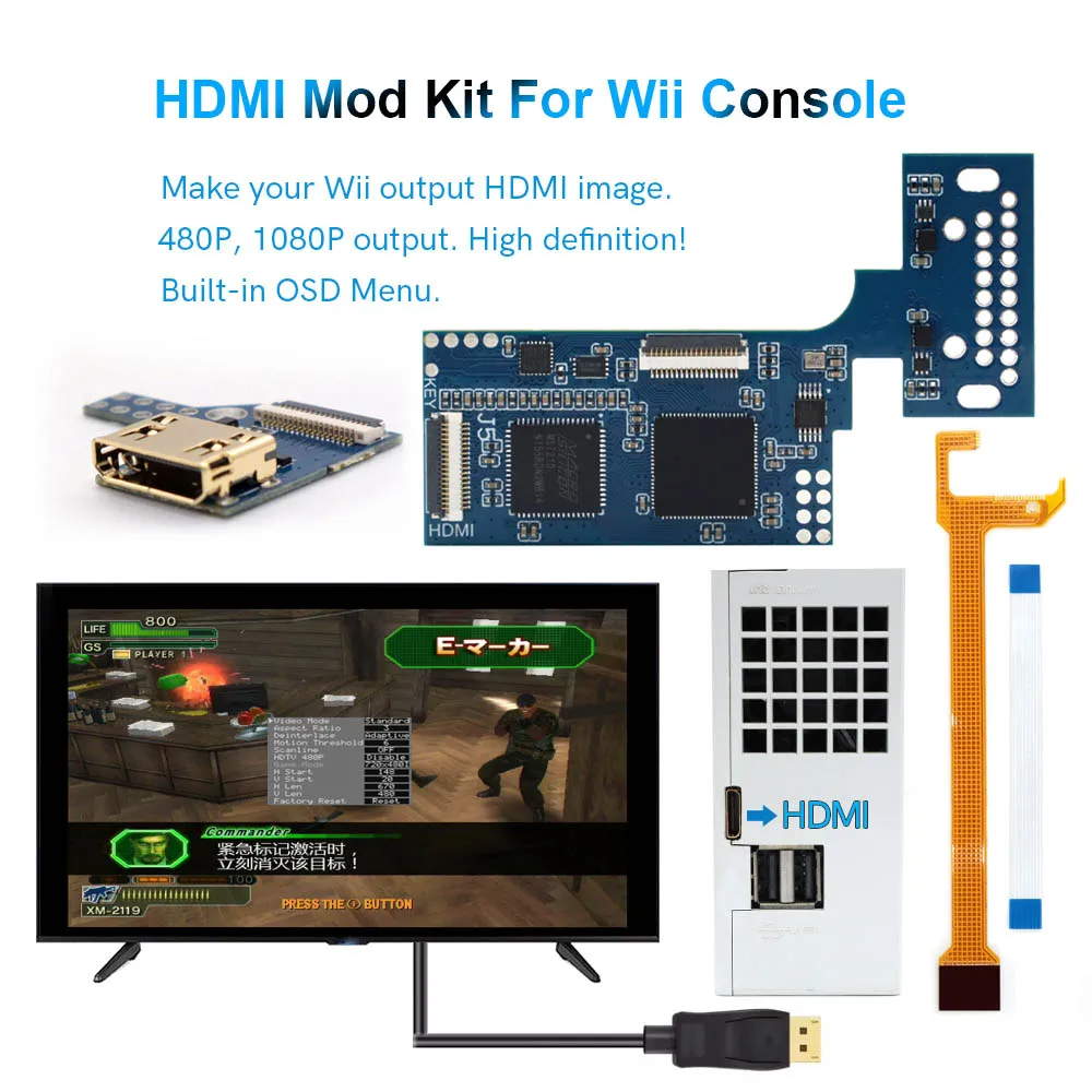 HISPEEDIDO 480P 1080P Wii HDMI 키트 내장형 디지털 HD TV 모드 Wii 콘솔 게임 비디오 HDMI PCB 모드 OSD 메뉴 포함