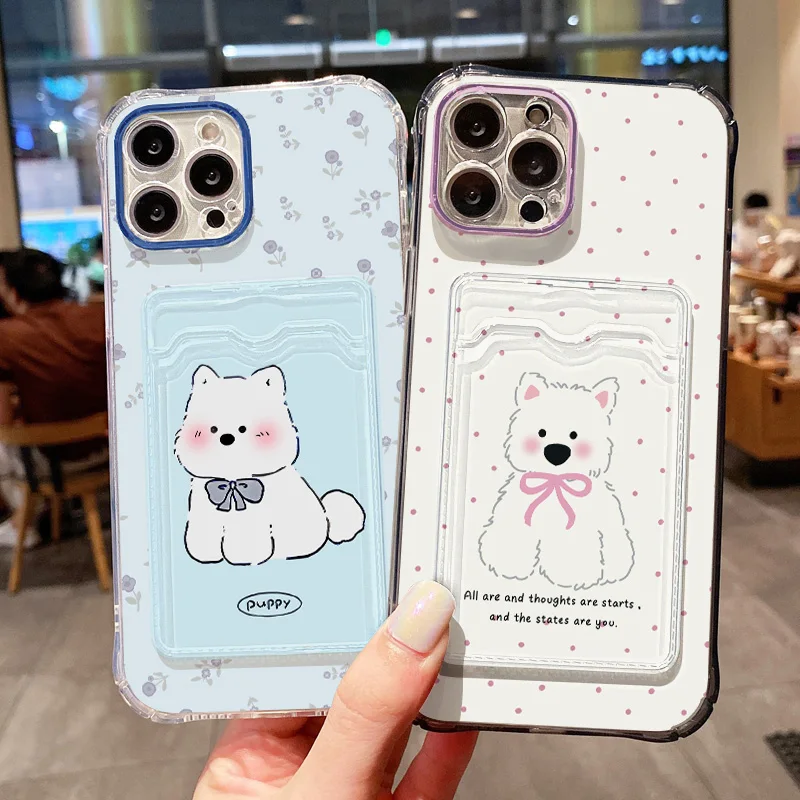 Transparent Card Slot Bag Holder Phone Case For iPhone 13 15 16 11 17 12 14 Pro Max XR XS X 7 8 Plus SE Cartoon Cute Dog Cover