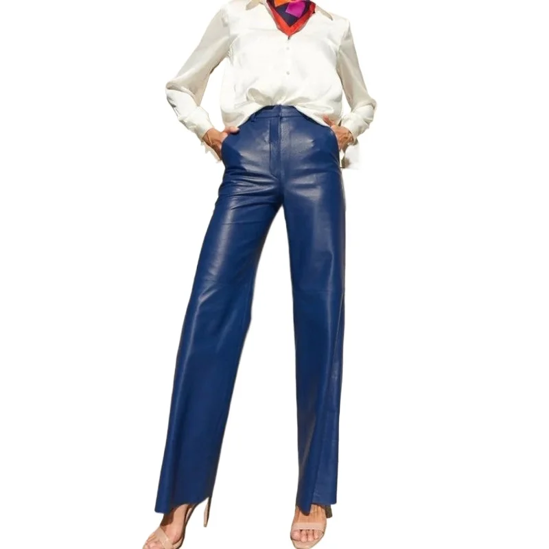 Womens Casual Elegant Vacation Solid Color Directional PU High-end PU Leather European and American Pants
