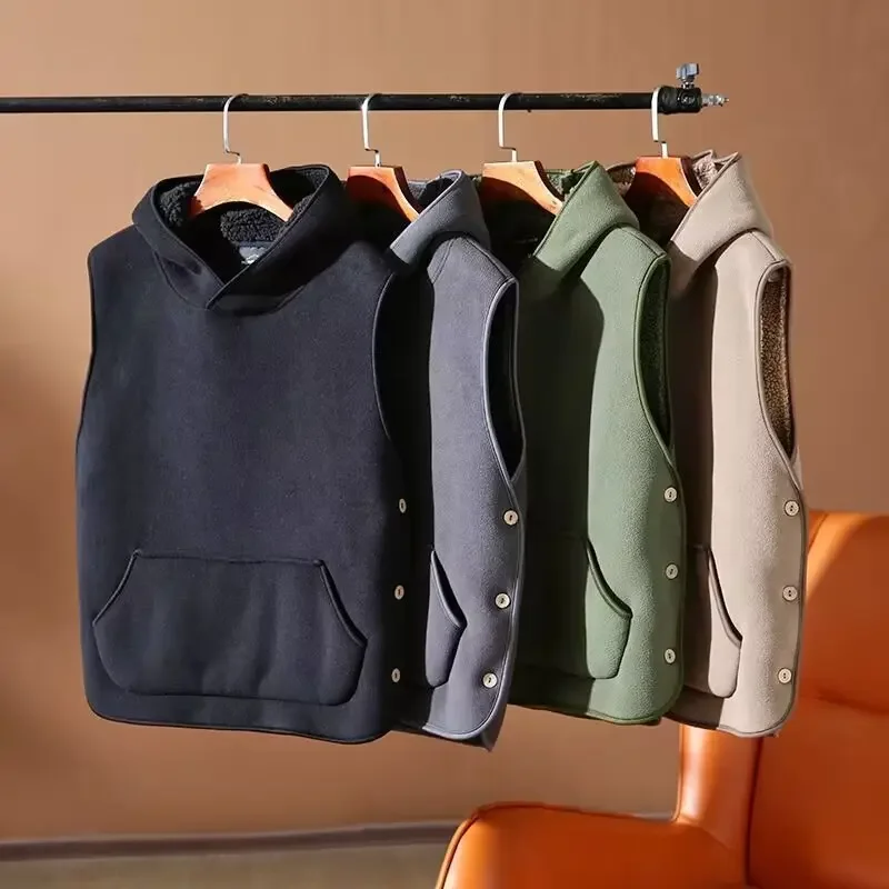 

Men's Fleece Lined Hooded Vest Casual Loose Fit Polyester Fiber Korean Style Vest Jacket Autumn Winter Warm Trendy Couple's Vest