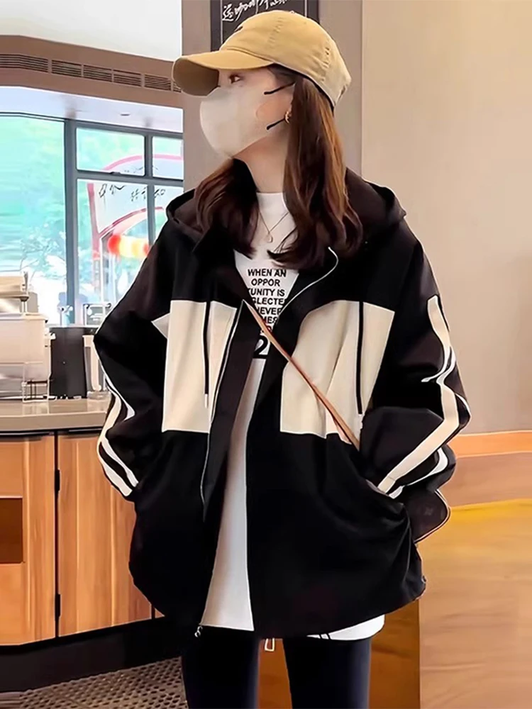 

Slim Fit Faionable Color Blo Thin Women's Spring Autumn Commute Anti-Wind Jaet Youthful Zipper Closure Hooded Coat