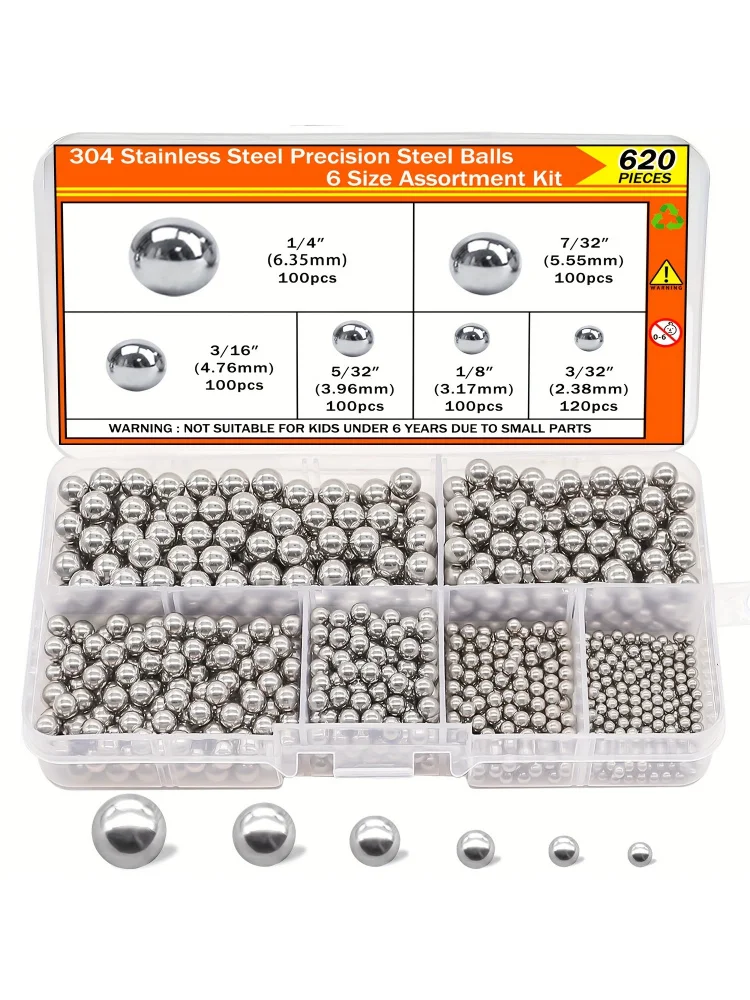 AliExpress 620pcs 304 Stainless Steel Precision Balls Kit, 6 Sizes (1/4" 7/32" 3/16" 5/32" 1/8" 3/32") Bicycle Bearing Balls Assortment