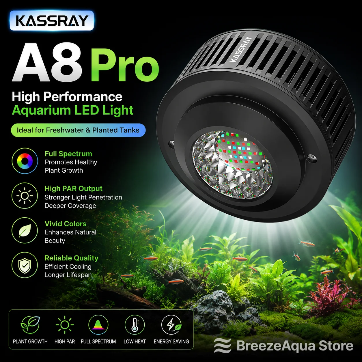 Planted Aquarium Algae - KASSRAY A8Pro 90W WRGB Aquarium Light