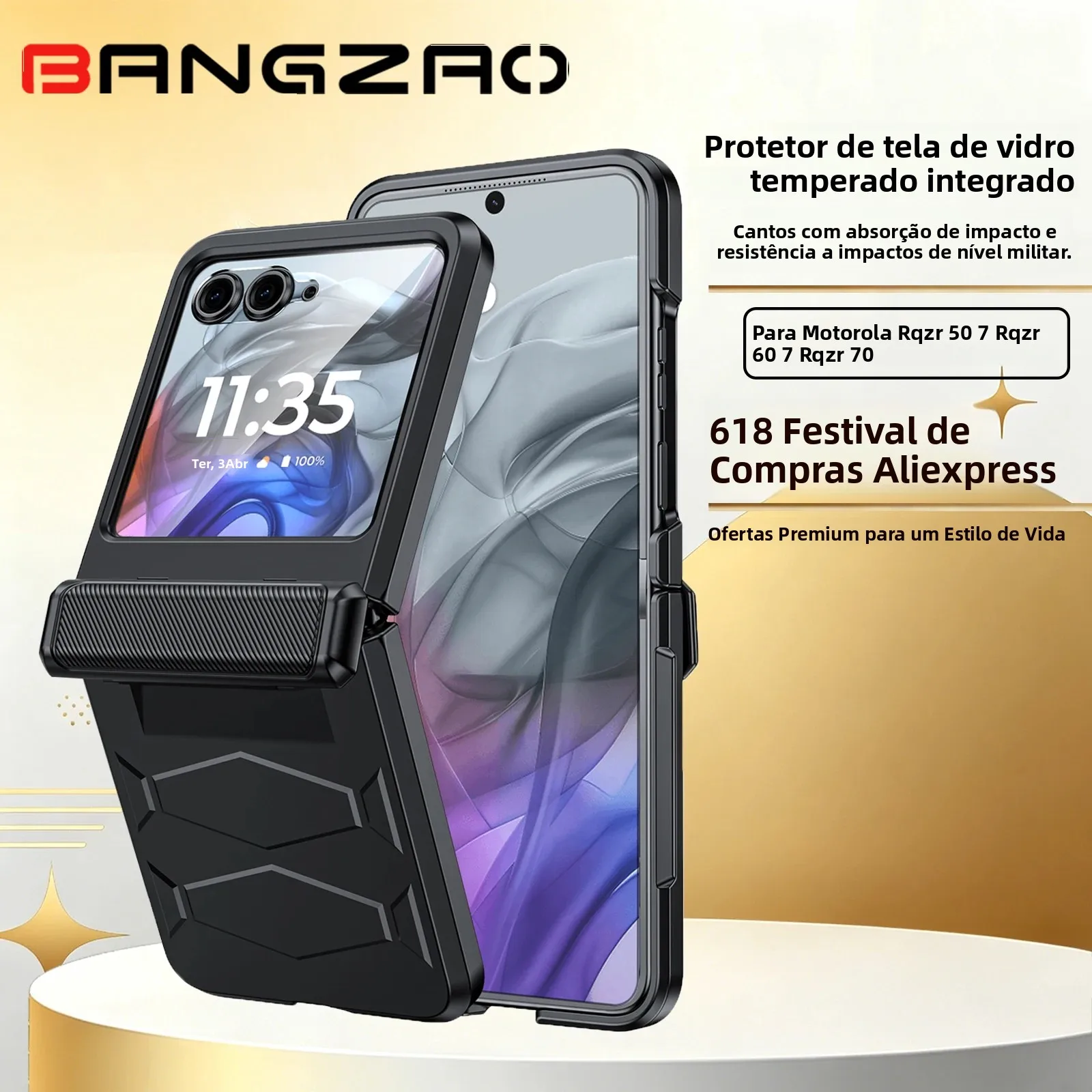 Promoção 618! Para Motorola Razr 50/60/70, Vidro Temperado HD Integrado, Proteção Contra Quedas de Grau Militar, Capa de Telefone com Proteção de Dobradiça - Preta