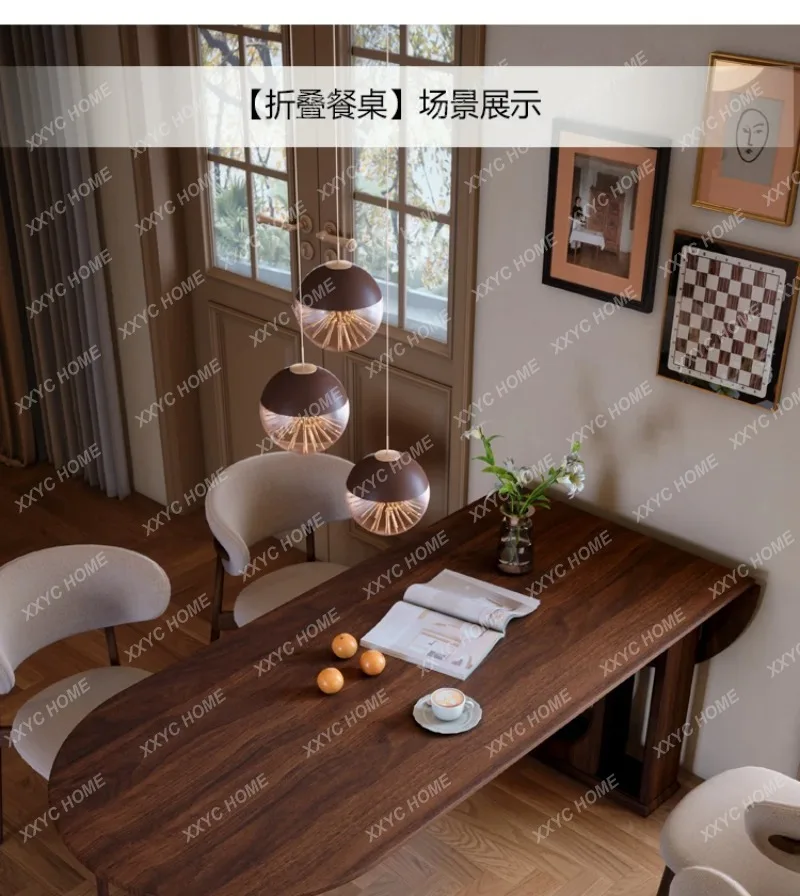 A  Retro Vintage Style Solid Wood Dining Table Oval Semi-Circular Foldable Walnut Color