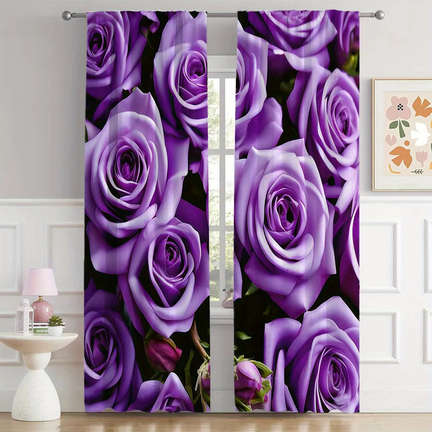 2pcs Romatic Curtains Beautiful Purple Flower Print Curtains Easy-to-Hang For Living Room Bedroom Decor Room Decor Home Decor