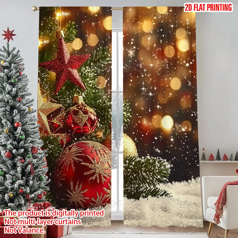 

2pcs 2D flat printing Christmas Scene Curtain snowflake pine branch Versatile Polyester Fabric Without Electricity Versatile Use