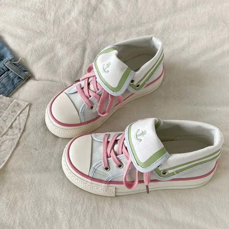 Navy Style High-top Canvas Shoes for Women Autumn New Contrast-colored Casual Sneakers Anti-slip Thick Sole Platform Shoes