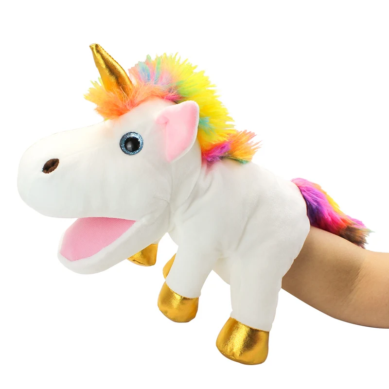 Nuevos marionetas de mano de unicornio de 30cm, juguetes de peluche, la boca puede mover muñecas de poni, juegos para padres e hijos, muñeca educativa temprana para contar historias