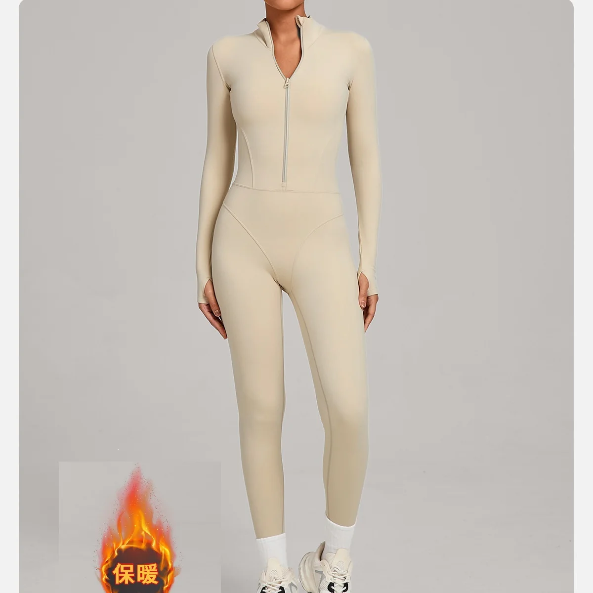 

Women's Autumn Winter Stand up Collar Semi Zipper Velvet Yoga Jumpsuit Outdoor Warm Jumpsuit Running Fitness Suit