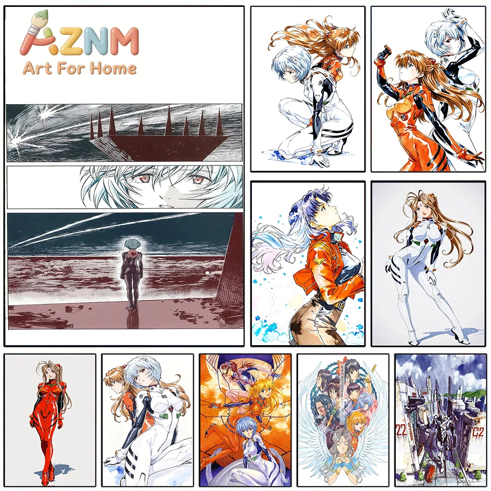 Neon Genesis Evangelion Anime Canvas Wall Art, Asuka Langley Ayanami Rei Manga Sketch Character Poster, Unframed Canvas Painti