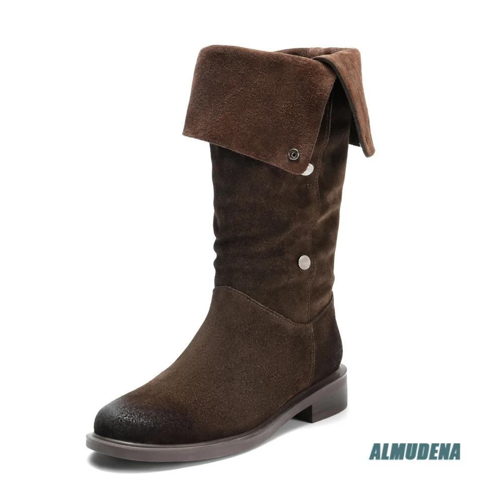 Retro Men Foldable Snap-Button Mid Calf Boots Suede Upper Round Toe Pull-On Low Block Heel Autumn Winter Casual Fashion Boots