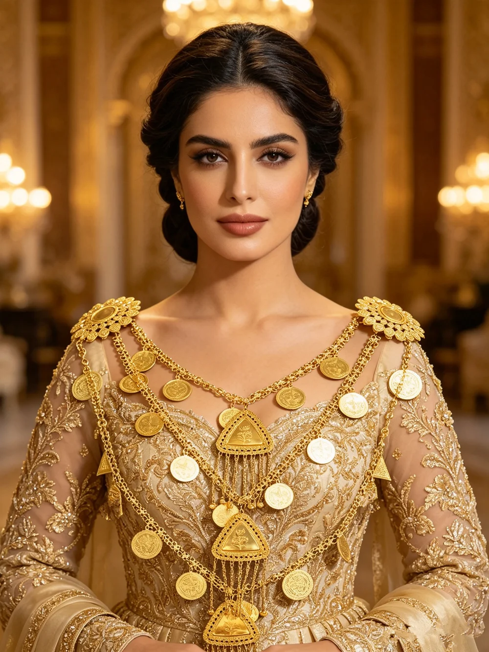 Gold Multi Layer Shoulder Chain for Women, Coin Tassel Triangle Pendant Body Jewelry, Middle East Bridal Wedding Accessories