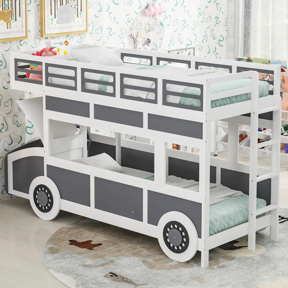 

Bus-Shaped Twin Over Twin Bunk Bed with Storage Box, Solid Wood Bus Bed Frame with Safety Fence for Kids Teens Boys Girls