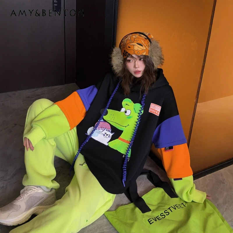 

2025 Trendy Fashion Winter New Oversized Loose Hoodies Jacket Heavy Industry Cartoon Patchwork Fleece Warm Sweatshirt Top Ladies