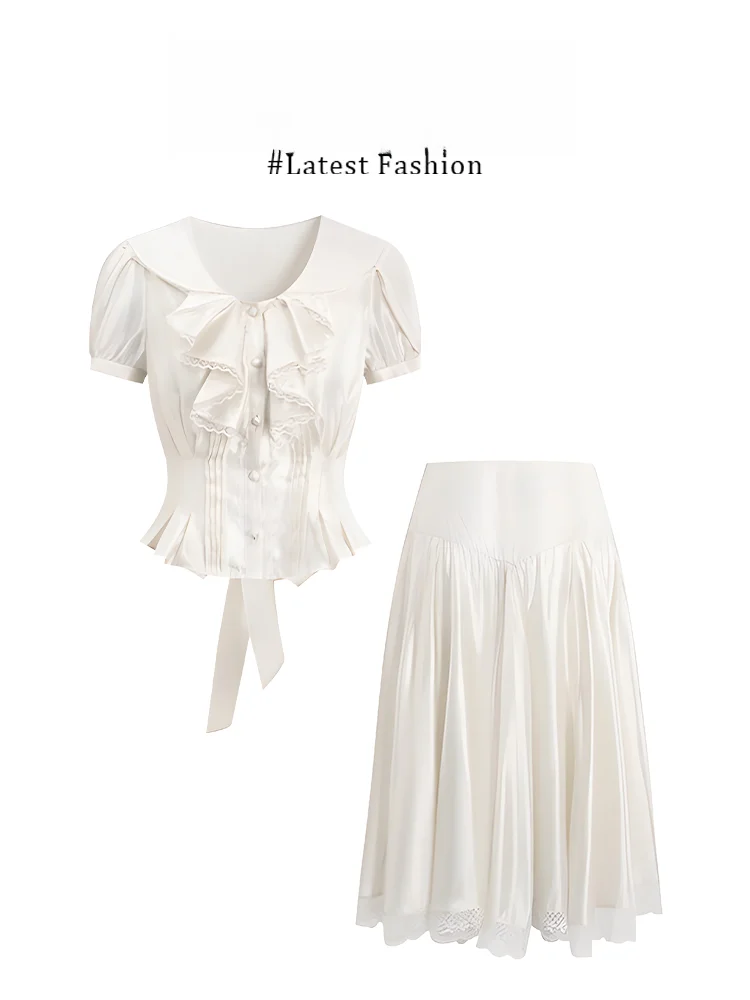 

Parkyeon Design Sweet Cute Doll Collar Ruffle Hem Waist Cinched Shirt Women's Beautiful Half Skirt Two Piece Set Casual Style