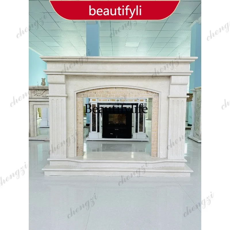 02A Marble carving European fireplace Spanish beige stone American relief flower living room fireplace