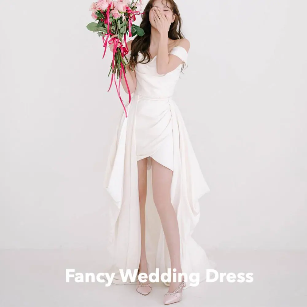 Fancy Simple Off Shoulder Ivory Wedding Dress Korea Photoshoot Mermaid Elastic Satin Bridal Gown Short Sleeve 웨딩드레스