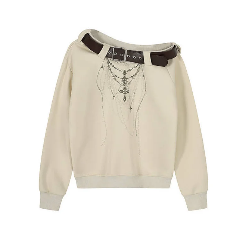 

American retro necklace, printed belt, slanted shoulder long sleeved sweatshirt, women's autumn loose design top