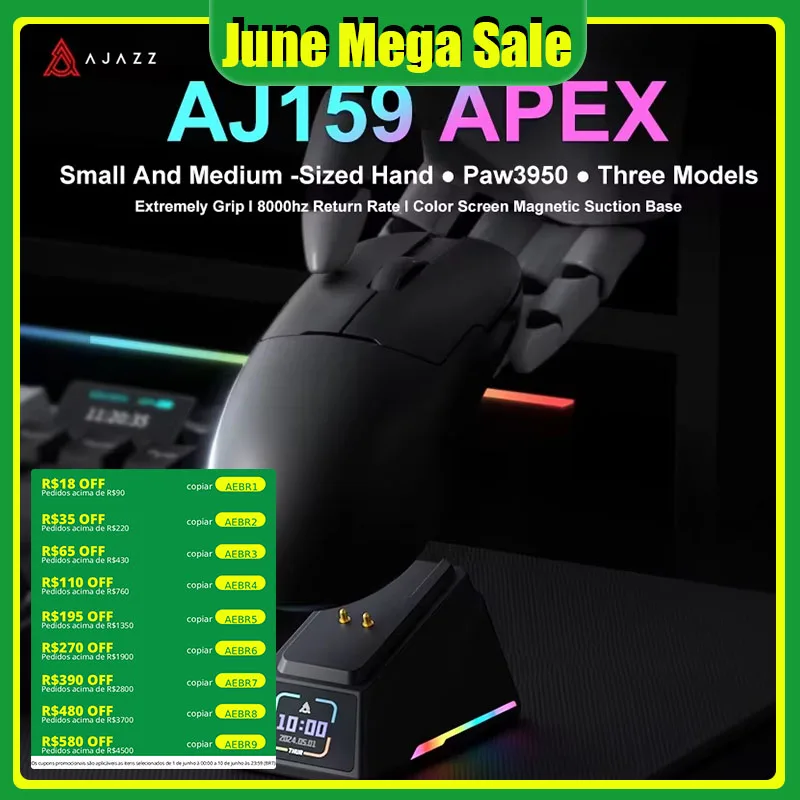 Souris de jeu sans fil AJAZZ AJ159 APEX/AJ159PRO avec base de charge magnétique RGB, légère, souris de jeu AJ159P pour PC portable