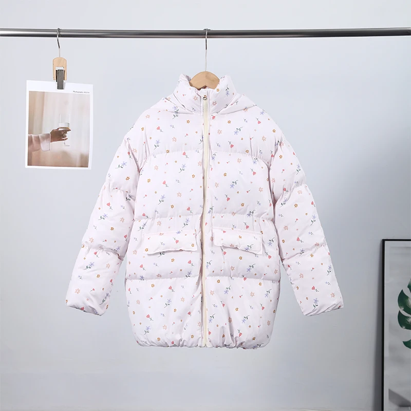 Unique Hooded Women's Winter Jacket Elegant Printed Thicken Pockets Full Sleeve Female Cotton Coat 2025 New Woman Coats Outwears