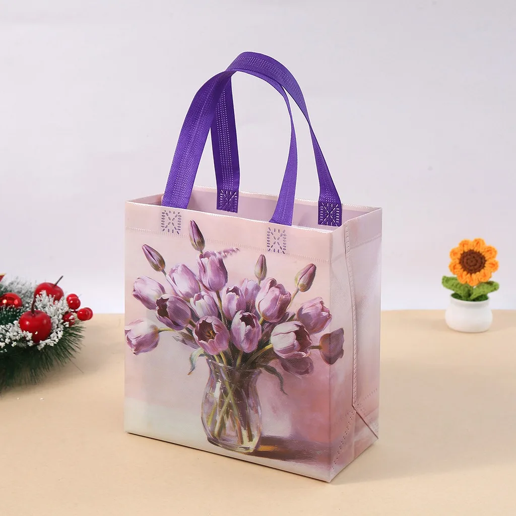 Aesthetic Flower Tote Bag Printed Non-Woven Reusable Grocery Bags Waterproof Gift Pouch Eco Friendly Sac for Everyday Travel