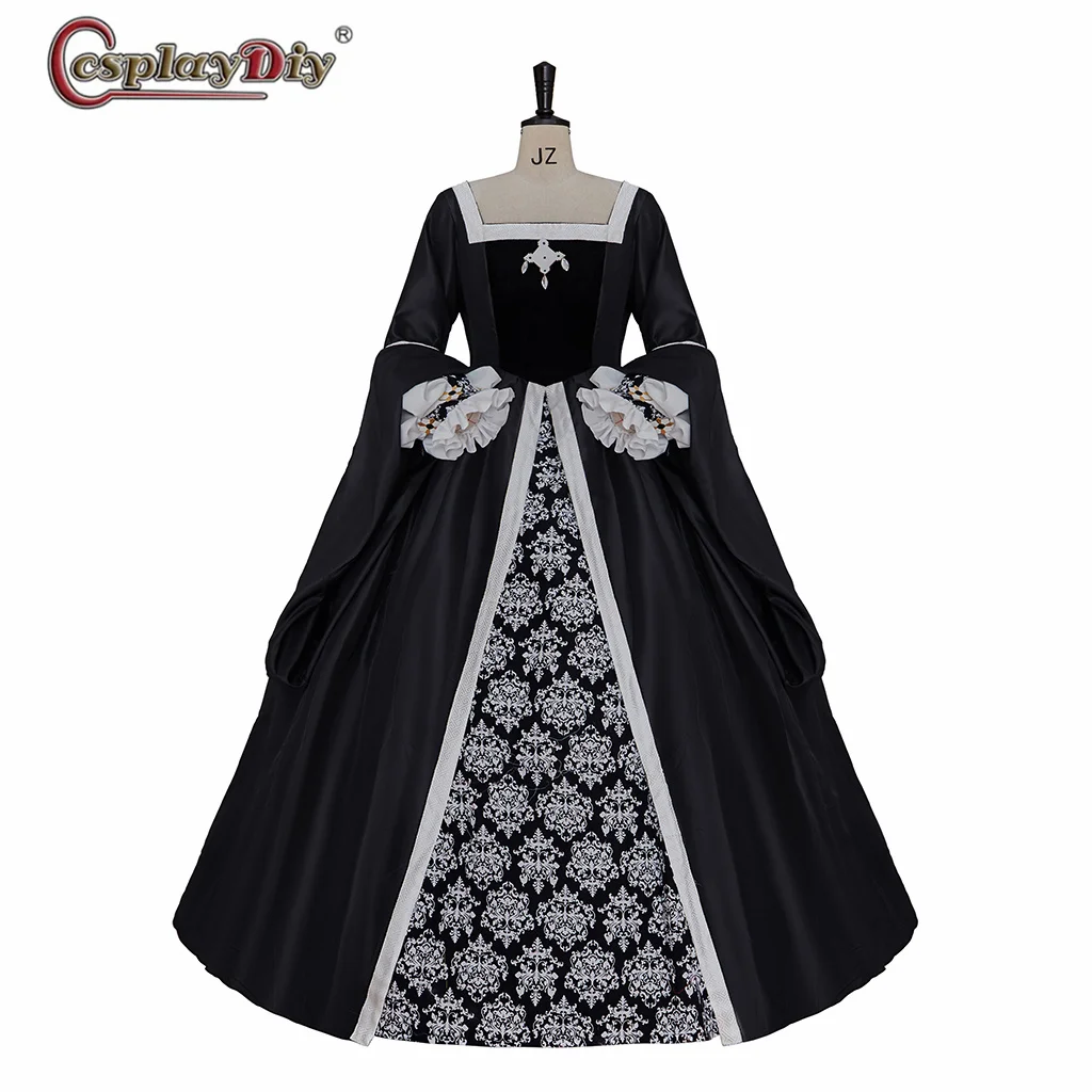 

Black Formal Dress White Vintage Print Medieval Dress Queen Elizabeth Tudor Cosplay Ball Gown Dress Baroque Dress