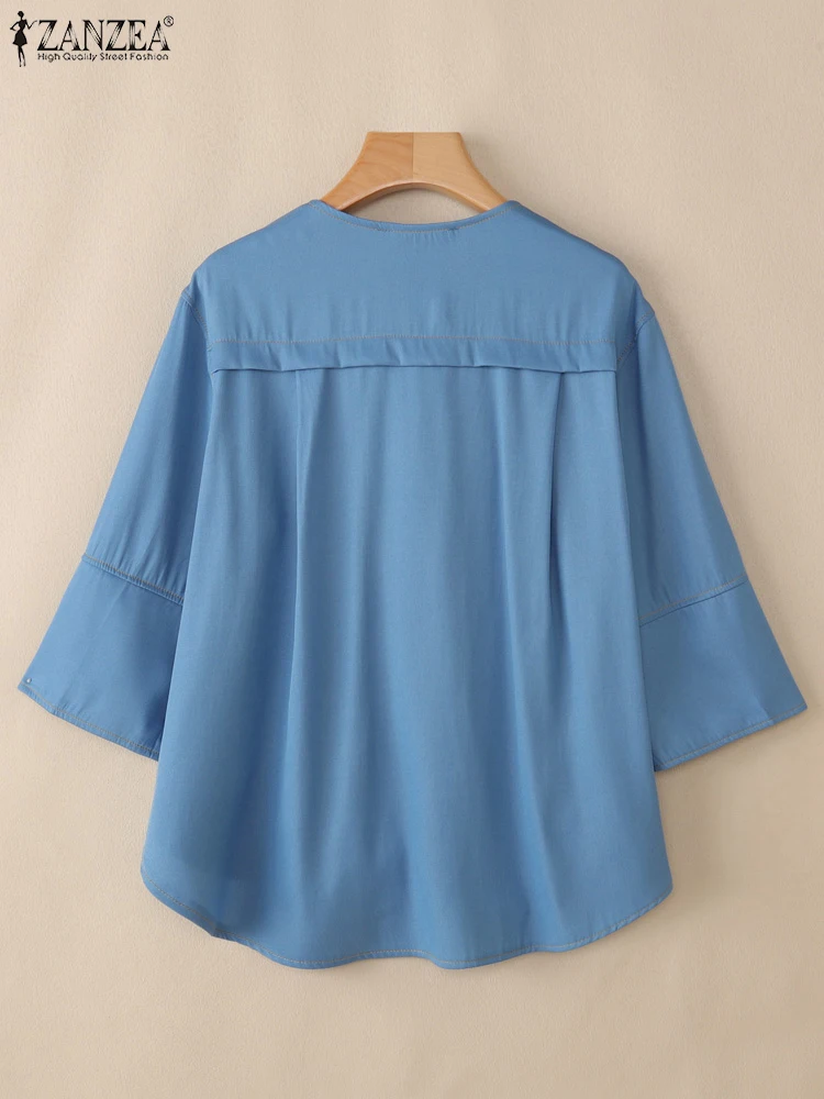 Plus Size Shirts ZANZEA Damen Strickjacken 2025, modisch, 3/4-Ärmel, modisch, solide Blusen, Herbst, Knöpfe, lässig, locker, elegant, Top
