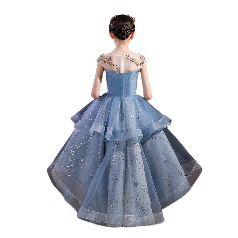 Blue Lace Flower Girl Dress Sequin Tulle Princess Dress For Girl First Communion Dress Kids Birthday Dress Child Party Vestido