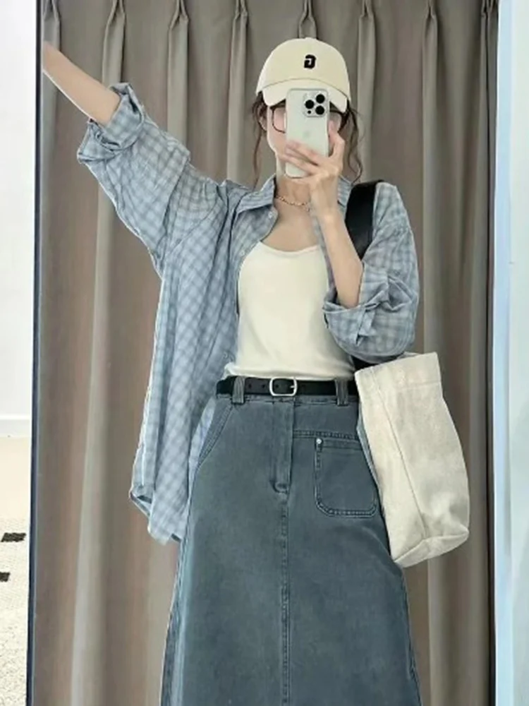 Cárdigan informal a cuadros azules para mujer, camisa holgada de manga larga, estilo coreano, protección solar, moda de verano