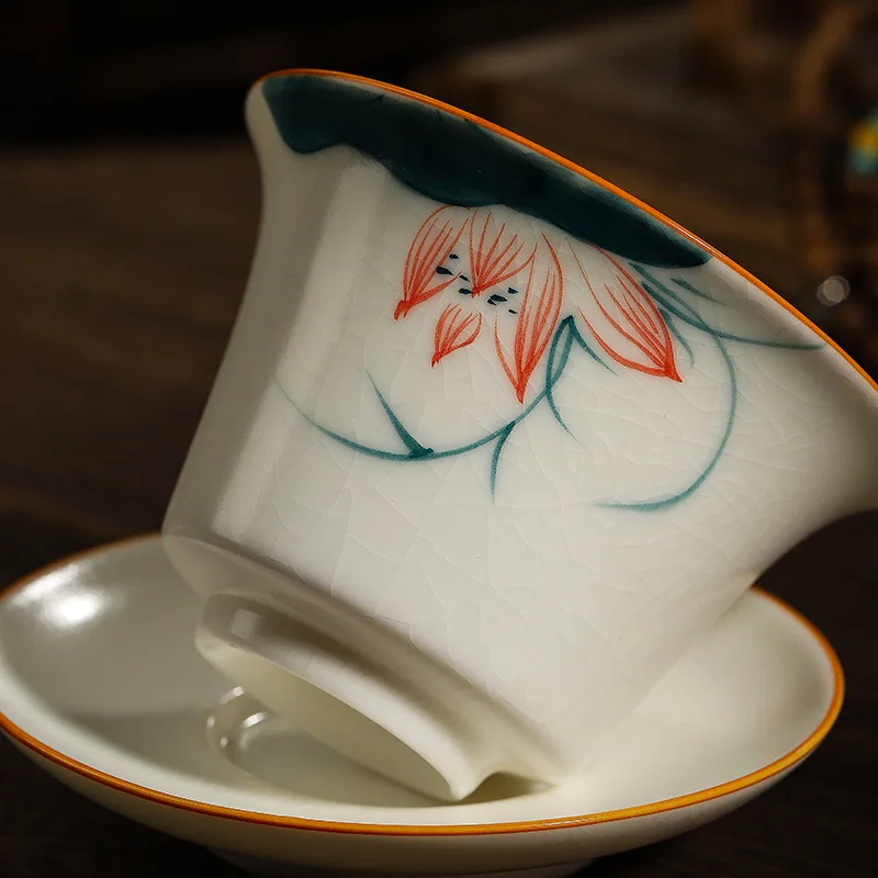 Ceramic Hand-Painted Gaiwan Ivory White Ru Porcelain Can Be Raised and Cracked Tea Brewing Three-Talent Bowl Glaze Color Kung Fu